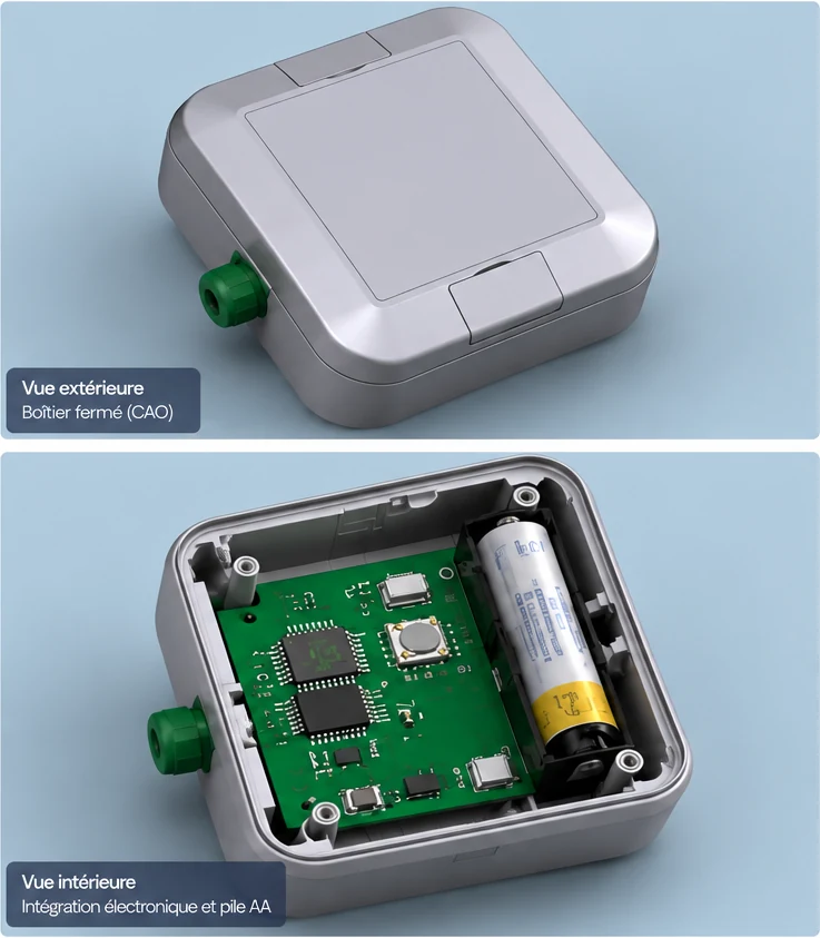 Capteur IoT autonome : boîtier extérieur et intégration électronique avec pile AA