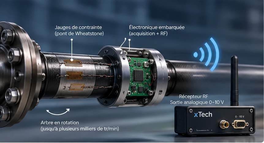 Arbre de transmission instrumenté avec jauges de contrainte, électronique embarquée et liaison RF
